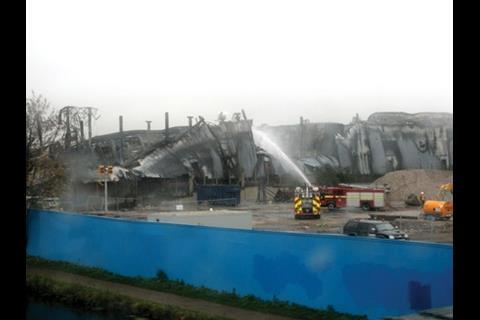 Fire engines at the scene of the fire at the Olympic Park